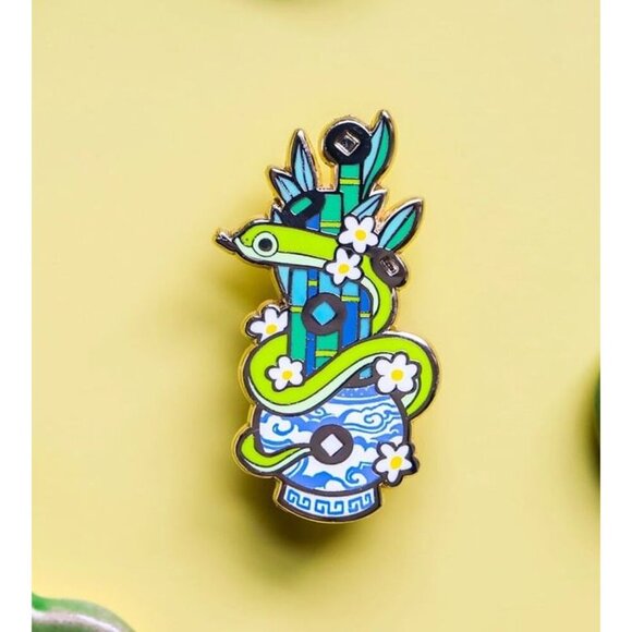 Limited Edition Snake Enamel Pin - Five Lucky Bamboo - Year of the Snake Brooch - Picture 2 of 9